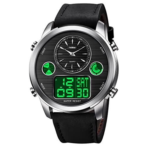 FeiWen Herrenuhr Edelstahl Uhren mit Leder Band LED Elektronik Alarm Stoppuhr Analog Quarz Doppel Zeit Sportuhr Multifunktional Digital Armbanduhr (Silber schwarz) von FeiWen