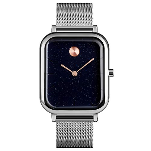 FeiWen Herrenuhr Fashion Analog Quarz Edelstahl Uhren Rechteckiges Nachthimmel Zifferblatt Einfach Armbanduhr (Silber) von FeiWen