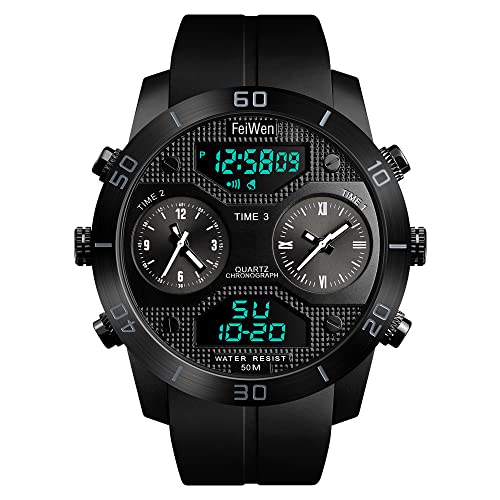 FeiWen Herrenuhr Fashion Digitaluhr Sportuhr 50M Wasserdicht Analog Quarz LED Elektronik DREI Zeit Uhren Outdoor Militär Multifunktional Armbanduhr Alarm Stoppuhr Kalender (Schwarz) von FeiWen