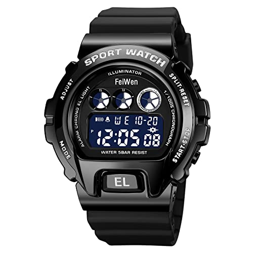 FeiWen Herrenuhr Multifunktiona Sportuhr LED Digitaluhr Outdoor Wasserdicht Militär Elektronik Uhren Plastik Wählscheiben mit Kautschuk Band (Schwarz) von FeiWen