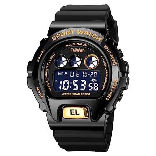 FeiWen Herrenuhr Multifunktiona Sportuhr LED Digitaluhr Outdoor Wasserdicht Militär Elektronik Uhren Plastik Wählscheiben mit Kautschuk Band (Schwarz Gelb) von FeiWen