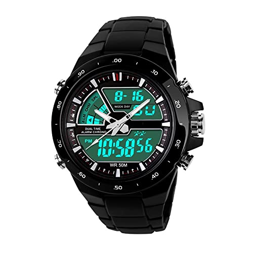 FeiWen Herrenuhr Multifunktional 50M Wasserdicht LED Digitales Analog Quarz Doppelte Zeit Edelstahl Fall mit Plastik Band Outdoor Militär Sport Armbanduhren, Schwarz von FeiWen