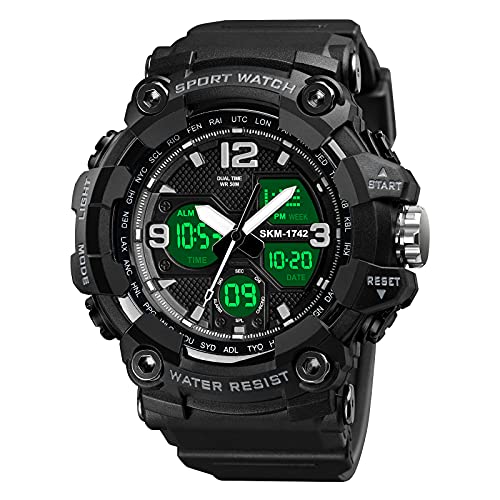 FeiWen Herrenuhr Multifunktional Outdoor Wasserdicht Digitaluhr Sportuhr Analog Quarz Doppel Zeit LED Armbanduhren (Schwarz) von FeiWen