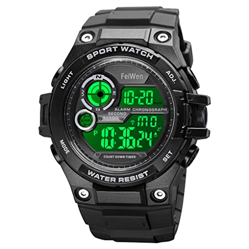 FeiWen Herrenuhr Outdoor Sport Digital Uhren Multifunktional Wasserdicht Militär LED Doppelte Zeit Alarm Countdown Stoppuhr Armbanduhren Plastik mit Kautschuk (Schwarz) von FeiWen