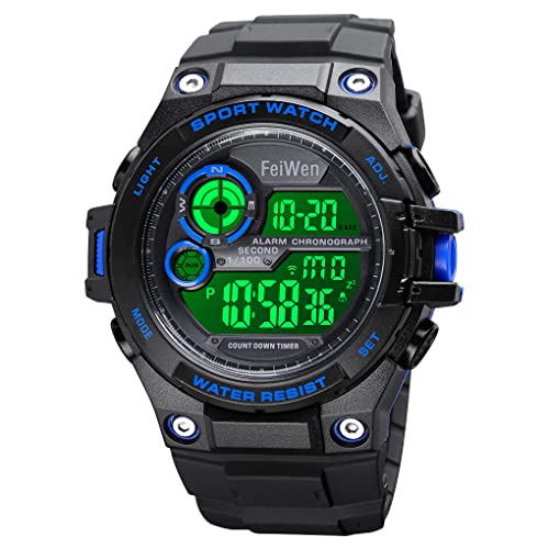 FeiWen Herrenuhr Outdoor Sport Digital Uhren Multifunktional Wasserdicht Militär LED Doppelte Zeit Alarm Countdown Stoppuhr Armbanduhren Plastik mit Kautschuk (Schwarz Blau) von FeiWen