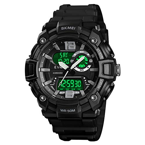 FeiWen Herrenuhr Outdoor Sportuhr 50M Wasserdicht LED DREI Zeit Analog Quarz Digital Uhren Alarm Stoppuhr Elektronik Plastik Armbanduhren mit Band (Schwarz) von FeiWen