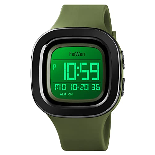 FeiWen Herrenuhr Wasserdicht Uhren Outdoor Sportuhr Digitaluhr Militär LED Doppelte Zeit Alarm Countdown Stoppuhr Plastik Armbanduhren mit Kautschuk Band (Military Green) von FeiWen