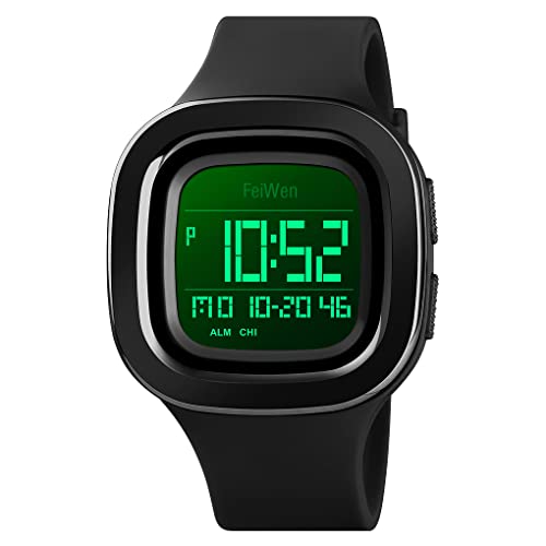 FeiWen Herrenuhr Wasserdicht Uhren Outdoor Sportuhr Digitaluhr Militär LED Doppelte Zeit Alarm Countdown Stoppuhr Plastik Armbanduhren mit Kautschuk Band (Schwarz) von FeiWen
