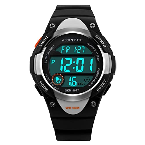 FeiWen Kinder Digital Sport Uhren 50M Wasserdicht Junge Plastik Wählscheiben mit Kautschuk Band Outdoor Militär Multifunktional Armbanduhren Alarm Kalender Stoppuhr Beleuchtung Schwarz von FeiWen