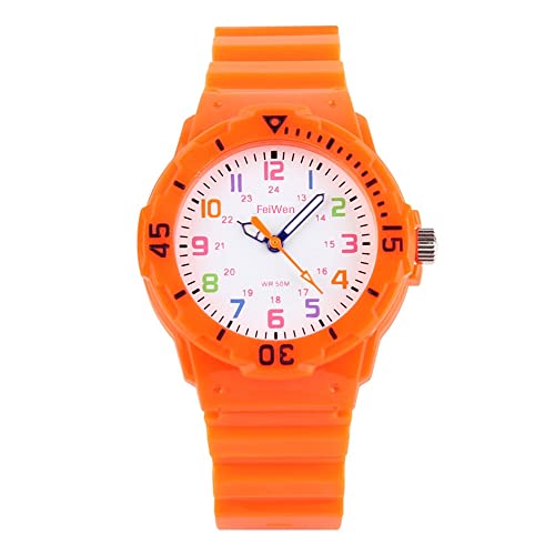 FeiWen Kinder Fashion Analog Quarz Cartoon Uhren für Jungen und Mädchen 50M Waterproof Mehrfarbig Plastik Wählscheiben mit Kautschuk Band Armbanduhren, Orange von FeiWen
