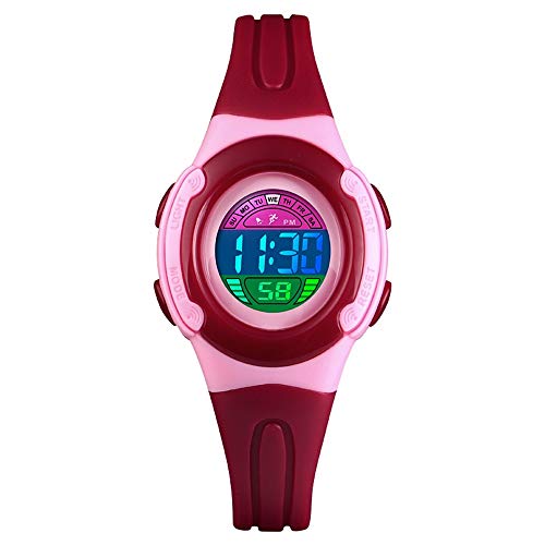 FeiWen Kinder Mehrfarbig LED Licht Outdoor Sport Digital Uhren Multifunktional Alarm Stoppuhr Datum Junge und Mädchen Plastik Armbanduhr 50M Wasserdicht (Rot) von FeiWen