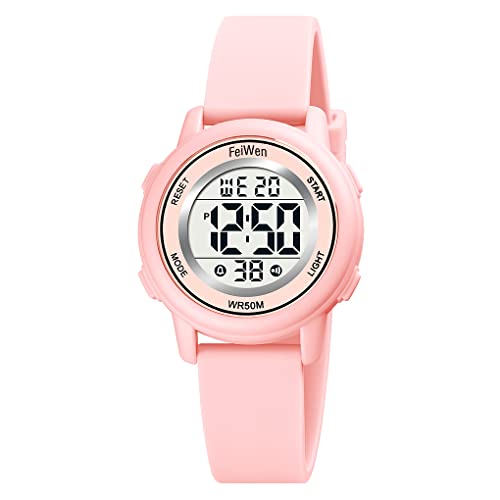 FeiWen Kinder Sport Digitaluhr Wasserdicht Uhren Plastik Armbanduhren mit Kautschuk Band Outdoor Multifunktional Mehrfarbig LED Licht Stoppuhr (Rosa) von FeiWen