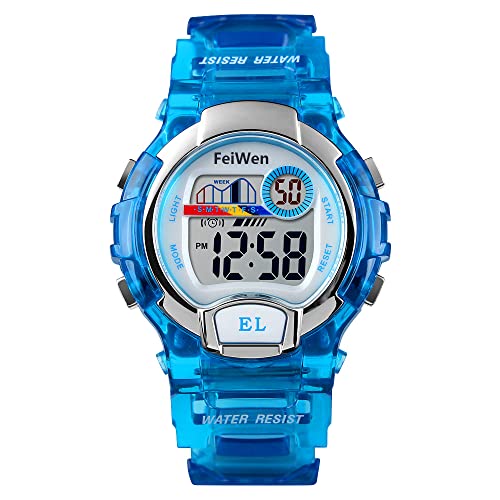 FeiWen Kinder Sport Uhren 50M Wasserdicht Outdoor Digitaluhr Plastik Wählscheiben mit Kautschuk Band Multifunktiona Junge Mädchen Armbanduhren Alarm Beleuchtung (Blau) von FeiWen