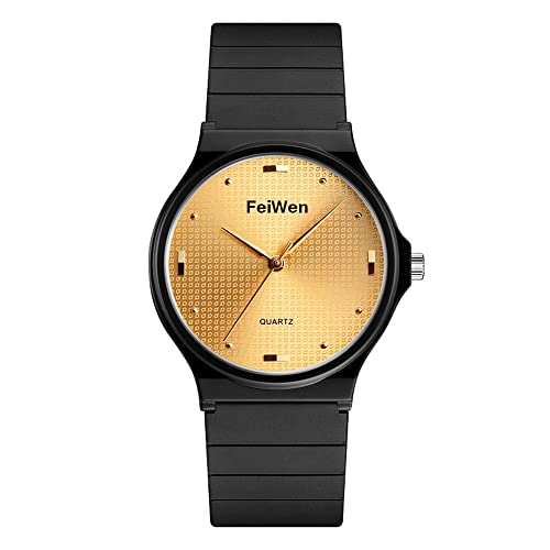 FeiWen Kinderuhr Damenuhr Einfacher Stil Fashion Casual Analog Quartz Uhren Plastik Lünetten mit Kautschuk Band Sportuhr Junge und Mädchen Armbanduhren (Gold) von FeiWen