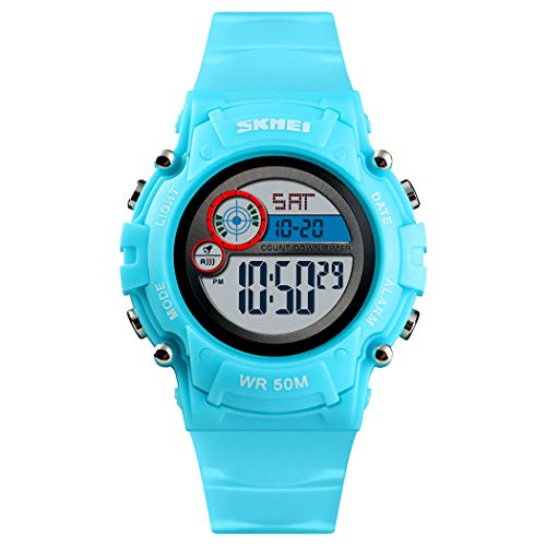 FeiWen Kinderuhr Multifunktional 50M Wasserdicht Mehrfarbig LED Licht Digital Doppelte Zeit Outdoor Militär Sport Digital Uhren Plastik mit Kautschuk Armbanduhren (Hellblau) von FeiWen