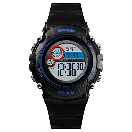 FeiWen Kinderuhr Multifunktional 50M Wasserdicht Mehrfarbig LED Licht Digital Doppelte Zeit Outdoor Militär Sport Digital Uhren Plastik mit Kautschuk Armbanduhren (Schwarz) von FeiWen