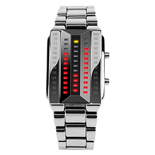 FeiWen Mode Lässig Edelstahl Binär Digitales Uhren Silber Einzigartig Platz Wählen Gelb und Rot LED Licht Kalender Armbanduhren, Damen von FeiWen