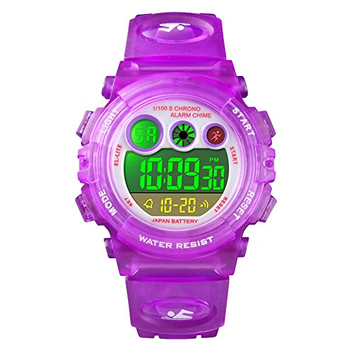 FeiWen Multifunktiona Kinderuhr Mehrfarbig LED Licht Outdoor Digitale Sport Uhren Militär Plastik Junge und Mädchen Armbanduhren mit Kautschuk Band 50M Wasserdicht, Violett von FeiWen