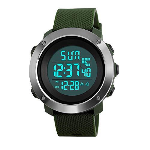 FeiWen Multifunktional Damen und Jugend Digital Militär Outdoor Sport Wasserdicht Uhren Edelstahl Wählscheiben mit Kautschuk Band LED Doppelte Zeit Unisex Armbanduhren, Grün von FeiWen