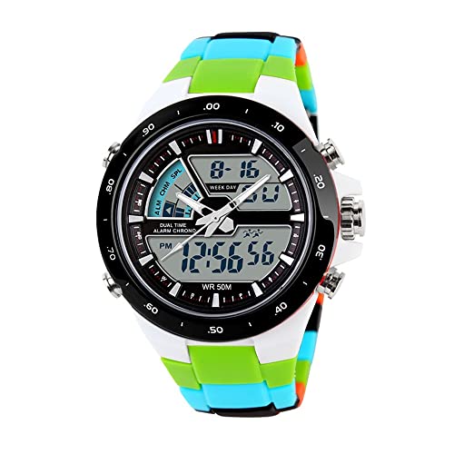 FeiWen Multifunktional Digitauhr Sportuhr Outdoor Herrenuhr Damenuhr Militär LED Analog Quarz Edelstahl Fall mit Plastik Band Doppelte Zeit Armbanduhren 50M Wasserdicht von FeiWen