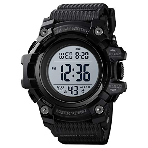 FeiWen Multifunktional Herren Wasserdicht Sport Digital Uhren Outdoor LED Doppelte Zeit Plastik Fall mit Kautschuk Band Countdown Stoppuhr Armbanduhren (Schwarz) von FeiWen