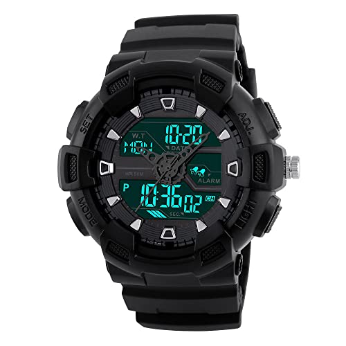 FeiWen Multifunktional Herren und Jugend Digital Uhren 50M Wasserdicht Analog Quarz Outdoor Militär Sport Schwarz Plastik Armbanduhren mit Kautschuk Band LED Beleuchtung von FeiWen