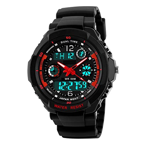 FeiWen Multifunktional Herrenuhr Digitaluhr Sportuhr Analog Quarz LED Doppelte Zeit 5ATM Wasserdicht Outdoor Militär Plastik Uhren mit Kautschuk Band Armbanduhren Stoppuhr Kalender Alarm von FeiWen