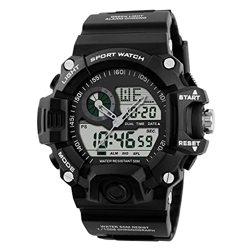 FeiWen Multifunktional Herrenuhr LCD Digital 50M Wasserdicht Analog Quarz Sport Armbanduhren Großes Zifferblatt Schwarz Plastik Schale mit Kautschuk Band von FeiWen