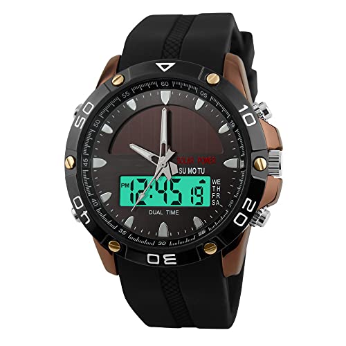 FeiWen Multifunktional Herrenuhr Outdoor Solar Uhren 50M Wasserdicht Analog Quarz LED Doppelte Zeit Digitaluhr Edelstahl Wählscheiben mit Kautschuk Band Sportuhr von FeiWen