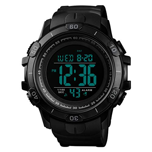 FeiWen Multifunktional Outdoor Sport Herren Uhren 50M Wasserdicht Plastik Lünetten mit Kautschuk Band LED Elektronik Doppelte Zeit Alarm Stoppuhr Armbanduhr (Schwarz) von FeiWen