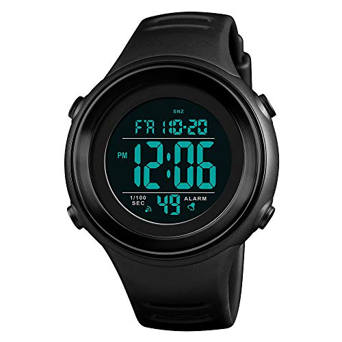 FeiWen Outdoor Sport Herren Uhren 50M Wasserdicht Digitaluhr LED Elektronik Doppelte Zeit Alarm Stoppuhr Kalender Militär Taktik Plastik mit Kautschuk Armbanduhr (Reines Schwarz) von FeiWen