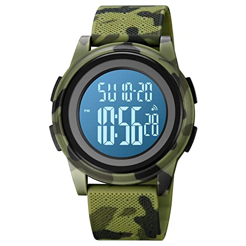 FeiWen Simple Fashion Unisex Uhren Digitaluhr Sportuhr Outdoor Wasserdicht LED Doppelte Zeit Plastik Armbanduhren mit Kautschuk Band (Grüne Tarnung) von FeiWen