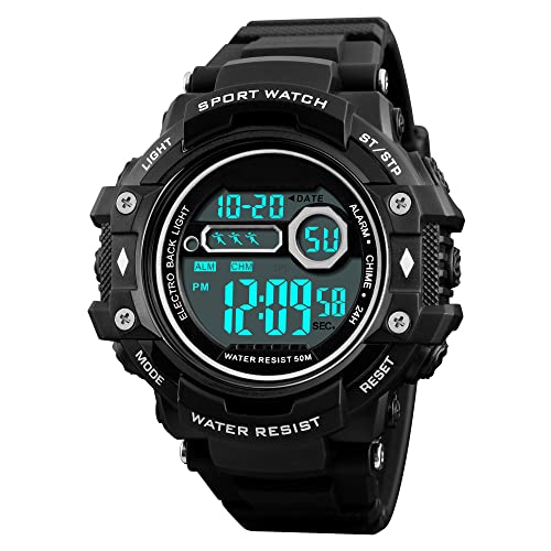 FeiWen Uhren Herren 50M Wasserdicht Digitaluhr Outdoor Militär Multifunktional LED Elektronik Stoppuhr Alarm Kalender Plastik Lünetten mit Kautschuk Band Sportuhr (Schwarz) von FeiWen
