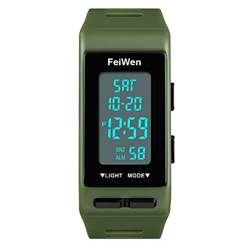 FeiWen Unisex Digital Uhren Outdoor Sport Multifunktional Rechteck Plastik Herren und Damen Armbanduhren mit Kautschuk Band LED Doppelte Zeit Alarm Countdown, Grün von FeiWen