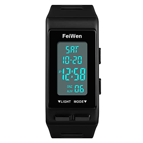 FeiWen Unisex Digital Uhren Outdoor Sport Multifunktional Rechteck Plastik Herren und Damen Armbanduhren mit Kautschuk Band LED Doppelte Zeit Alarm Countdown, Schwarz von FeiWen