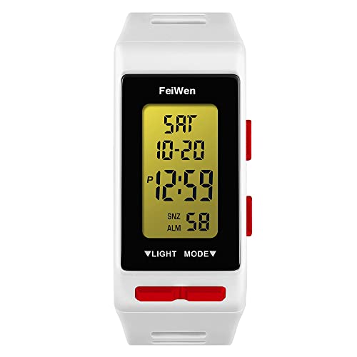 FeiWen Unisex Digital Uhren Outdoor Sport Multifunktional Rechteck Plastik Herren und Damen Armbanduhren mit Kautschuk Band LED Doppelte Zeit Alarm Countdown, Weiß von FeiWen