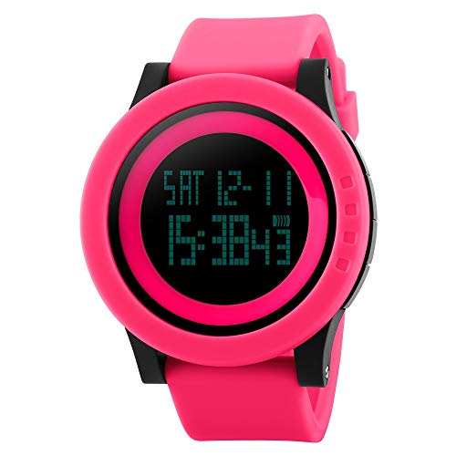 FeiWen Unisex Digitaluhr Rot 52mm Groß Plastik Wählscheiben mit Kautschuk Band 50M Wasserdicht Multifunktional Outdoor Sport Damen Armbanduhren von FeiWen