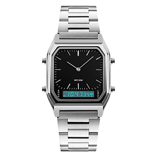 FeiWen Unisex Digitauhr Sportuhr Multifunktional Edelstahl Uhren Analog Quarz LED Doppel Zeit Fashion Armbanduhren, Silber von FeiWen