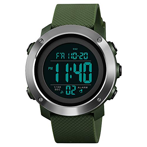 FeiWen Unisex Einfach Multifunktional Wasserdicht Herren und Junge Outdoor Sport Digital Militär LED Doppelte Zeit Uhren mit Kautschuk Band Alarm Countdown Stoppuhr Kalender (Edelstahl Grün) von FeiWen