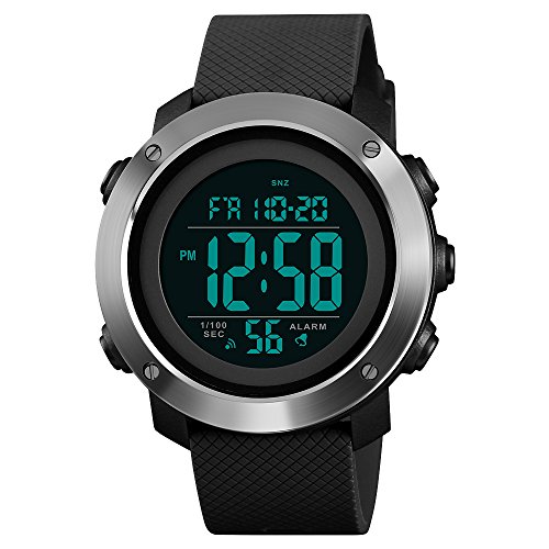 FeiWen Unisex Einfach Multifunktional Wasserdicht Herren und Junge Outdoor Sport Digital Militär LED Doppelte Zeit Uhren mit Kautschuk Band Alarm Countdown Stoppuhr Kalender (Edelstahl Schwarz) von FeiWen