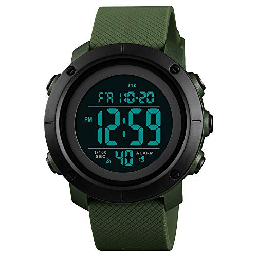 FeiWen Unisex Einfach Multifunktional Wasserdicht Herren und Junge Outdoor Sport Digital Militär LED Doppelte Zeit Uhren mit Kautschuk Band Alarm Countdown Stoppuhr Kalender (Plastik Grün) von FeiWen