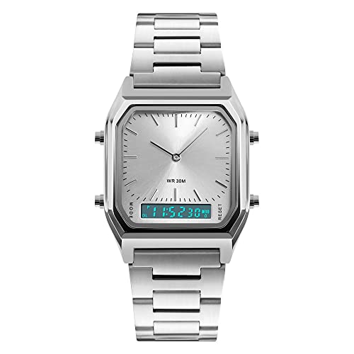 FeiWen Unisex Fashion Digital Sport Uhren LED Analog Quarz Doppel Zeit Eckig Edelstahl Wählscheiben Multifunktional Armbanduhren Casual Stil, Silber von FeiWen