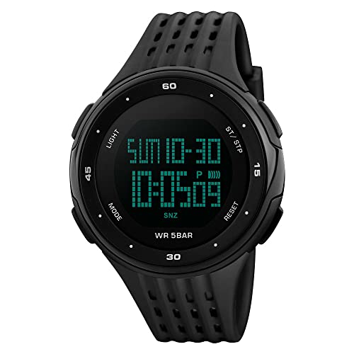 FeiWen Unisex Fashion Digitale Uhren 50M Wasserdicht Outdoor Sport Multifunktional Armbanduhren Einfach Plastik Wählscheiben mit Kautschuk Band Damenuhr, Schwarz von FeiWen