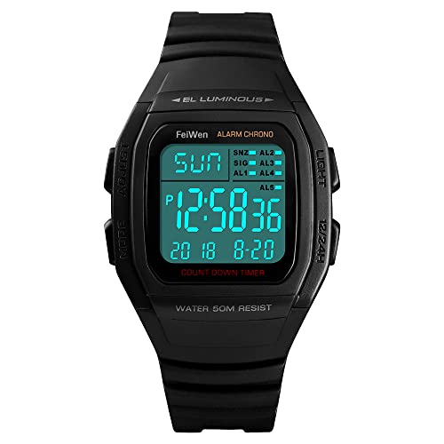 FeiWen Unisex Fashion Sport Digital Uhren Outdoor Multifunktional 50M Wasserdicht Militär Damen und Jugend Platz Plastik Armbanduhren mit Kautschuk Band LED Doppelte Zeit, Schwarz von FeiWen