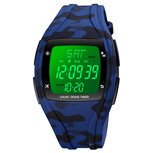 FeiWen Unisex Herren und Damen Sport Digital Wasserdicht Plastik Uhren mit Kautschuk Band Outdoor Multifunktional LED Elektronik Doppel Zeit Stoppuhr Armbanduhren (Blau) von FeiWen