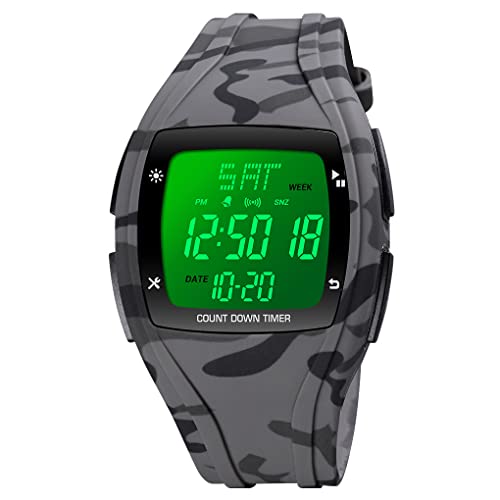 FeiWen Unisex Herren und Damen Sport Digital Wasserdicht Plastik Uhren mit Kautschuk Band Outdoor Multifunktional LED Elektronik Doppel Zeit Stoppuhr Armbanduhren (Grau) von FeiWen