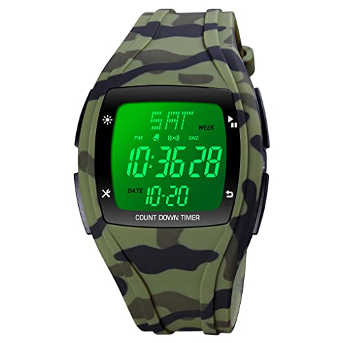 FeiWen Unisex Herren und Damen Sport Digital Wasserdicht Plastik Uhren mit Kautschuk Band Outdoor Multifunktional LED Elektronik Doppel Zeit Stoppuhr Armbanduhren (Grün) von FeiWen