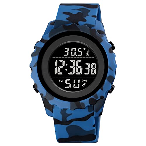 FeiWen Unisex Sport Digital Uhren Herrenuhr Damenuhr Elektronik Thermometer Stoppuhr Doppelte Zeit Alarm Outdoor Multifunktional Wasserdicht Plastik Armbanduhren (Schwarz Blau Camo) von FeiWen