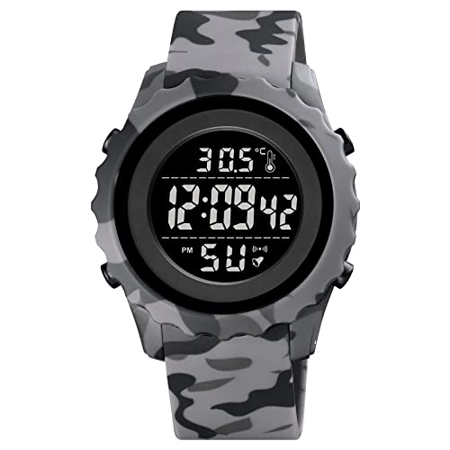 FeiWen Unisex Sport Digital Uhren Herrenuhr Damenuhr Elektronik Thermometer Stoppuhr Doppelte Zeit Alarm Outdoor Multifunktional Wasserdicht Plastik Armbanduhren (Schwarz Grau Camo) von FeiWen