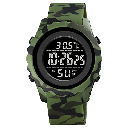 FeiWen Unisex Sport Digital Uhren Herrenuhr Damenuhr Elektronik Thermometer Stoppuhr Doppelte Zeit Alarm Outdoor Multifunktional Wasserdicht Plastik Armbanduhren (Schwarz Grün Camo) von FeiWen
